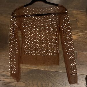 Brown Sheer Long Sleeve Top with Pearl Embellishments